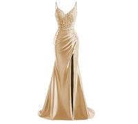 HPPEE Abito da sera da donna in raso con fessura in pizzo applique spalline sottili abito da sera formale, Champagne, 48