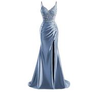 HPPEE Abito da sera da donna in raso con fessura in pizzo applique spalline sottili abito da sera formale, Blu polvere., 50