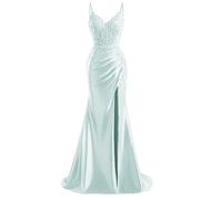 HPPEE Abito da sera da donna in raso con fessura in pizzo applique spalline sottili abito da sera formale, Azzurro, 48