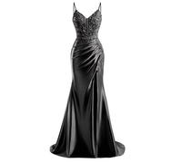 HPPEE Abito da sera da donna in raso con fessura in pizzo applique spalline sottili abito da sera formale, Nero , 50