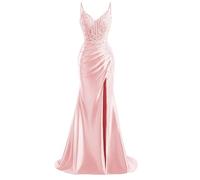 HPPEE Abito da sera da donna in raso con fessura in pizzo applique spalline sottili abito da sera formale, rosa, 48