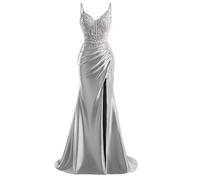 HPPEE Abito da sera da donna in raso con fessura in pizzo applique spalline sottili abito da sera formale, Argento, 48