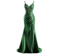 HPPEE Abito da sera da donna in raso con fessura in pizzo applique spalline sottili abito da sera formale, Verde smeraldo, 52 Più