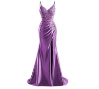 HPPEE Abito da sera da donna in raso con fessura in pizzo applique spalline sottili abito da sera formale, Viola, 48