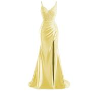 HPPEE Abito da sera da donna in raso con fessura in pizzo applique spalline sottili abito da sera formale, Giallo, 52 Più
