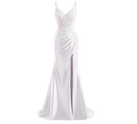 HPPEE Abito da sera da donna in raso con fessura in pizzo applique spalline sottili abito da sera formale, bianco, 48