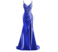 HPPEE Abito da sera da donna in raso con fessura in pizzo applique spalline sottili abito da sera formale, Blu reale, 52 Più