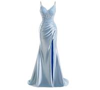 HPPEE Abito da sera da donna in raso con fessura in pizzo applique spalline sottili abito da sera formale, Blu, 52 Più