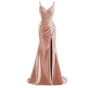 HPPEE Abito da sera da donna in raso con fessura in pizzo applique spalline sottili abito da sera formale, Rosa polvere, 50