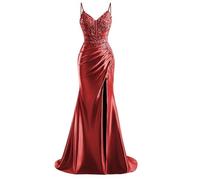 HPPEE Abito da sera da donna in raso con fessura in pizzo applique spalline sottili abito da sera formale, Rosso vinaccia, 52 Più