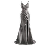 HPPEE Abito da sera da donna in raso con fessura in pizzo applique spalline sottili abito da sera formale, Grigio, 52 Più