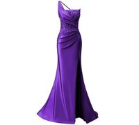 HPPEE - Abito da sera da donna, stile sirena, con una spallina, in raso, con scollatura e applicazioni in pizzo, a fessura, abito formale da laurea e da festa, Viola, 38
