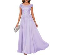 HPPEE Abito da sera formale da donna in chiffon con applique in pizzo e scollo rotondo, Lilla, 54 Più