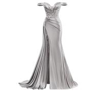 HPPEE Abito da sera formale da donna, in raso, a sirena, con spacco sulle spalle scoperte, Argento, 44