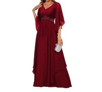 HPPEE Abito da sera formale in chiffon con scollo a V con scollo a V e applique in pizzo con applique in pizzo, Rosso vinaccia, 44