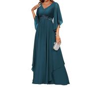 HPPEE Abito da sera formale in chiffon con scollo a V con scollo a V e applique in pizzo con applique in pizzo, Foglia di t, 60 Più