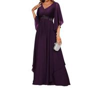 HPPEE Abito da sera formale in chiffon con scollo a V con scollo a V e applique in pizzo con applique in pizzo, prugna, 44