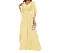 HPPEE Abito da sera formale in chiffon con scollo a V con scollo a V e applique in pizzo con applique in pizzo, Giallo, 52 Più