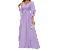 HPPEE Abito da sera formale in chiffon con scollo a V con scollo a V e applique in pizzo con applique in pizzo, Lilla, 54 Più