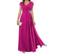 HPPEE Abito da sera lungo da donna per la madre della sposa, plissettato, maniche a mantello, scollo a V, in chiffon, formale, Rosa acceso, 50