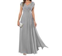 HPPEE Abito da sera lungo da donna per la madre della sposa, plissettato, maniche a mantello, scollo a V, in chiffon, formale, Argento, 48