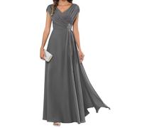 HPPEE Abito da sera lungo da donna per la madre della sposa, plissettato, maniche a mantello, scollo a V, in chiffon, formale, Grigio, 42