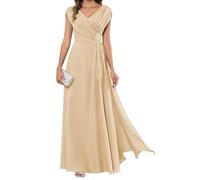 HPPEE Abito da sera lungo da donna per la madre della sposa, plissettato, maniche a mantello, scollo a V, in chiffon, formale, Champagne, 48