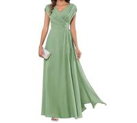 HPPEE Abito da sera lungo da donna per la madre della sposa, plissettato, maniche a mantello, scollo a V, in chiffon, formale, Verde salvia, 52 Più