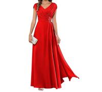 HPPEE Abito da sera lungo da donna per la madre della sposa, plissettato, maniche a mantello, scollo a V, in chiffon, formale, Rosso, 52 Più