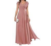 HPPEE Abito da sera lungo da donna per la madre della sposa, plissettato, maniche a mantello, scollo a V, in chiffon, formale, Rosa polvere, 44