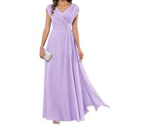 HPPEE Abito da sera lungo da donna per la madre della sposa, plissettato, maniche a mantello, scollo a V, in chiffon, formale, Lilla, 48