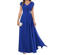 HPPEE Abito da sera lungo da donna per la madre della sposa, plissettato, maniche a mantello, scollo a V, in chiffon, formale, Blu reale, 58 Più
