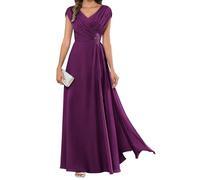 HPPEE Abito da sera lungo da donna per la madre della sposa, plissettato, maniche a mantello, scollo a V, in chiffon, formale, prugna, 42