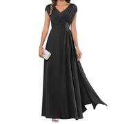 HPPEE Abito da sera lungo da donna per la madre della sposa, plissettato, maniche a mantello, scollo a V, in chiffon, formale, Nero , 62 Più