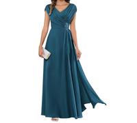 HPPEE Abito da sera lungo da donna per la madre della sposa, plissettato, maniche a mantello, scollo a V, in chiffon, formale, Pavone, 54 Più