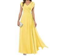 HPPEE Abito da sera lungo da donna per la madre della sposa, plissettato, maniche a mantello, scollo a V, in chiffon, formale, Giallo, 46