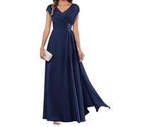 HPPEE Abito da sera lungo da donna per la madre della sposa, plissettato, maniche a mantello, scollo a V, in chiffon, formale, blu navy, 48