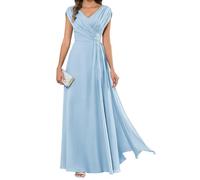 HPPEE Abito da sera lungo da donna per la madre della sposa, plissettato, maniche a mantello, scollo a V, in chiffon, formale, Azzurro, 46