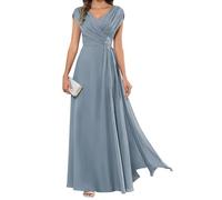 HPPEE Abito da sera lungo da donna per la madre della sposa, plissettato, maniche a mantello, scollo a V, in chiffon, formale, Blu polvere., 52 Più