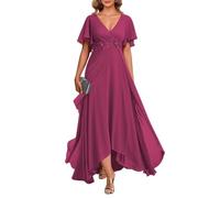 HPPEE Abito da sposa in chiffon con scollo a V e maniche svolazzanti con applique in pizzo lungo formale abito da sera per matrimoni, Gelso, 50