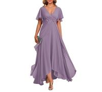 HPPEE Abito da sposa in chiffon con scollo a V e maniche svolazzanti con applique in pizzo lungo formale abito da sera per matrimoni, Glicine, 50