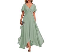 HPPEE Abito da sposa in chiffon con scollo a V e maniche svolazzanti con applique in pizzo lungo formale abito da sera per matrimoni, Verde salvia, 50