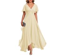 HPPEE Abito da sposa in chiffon con scollo a V e maniche svolazzanti con applique in pizzo lungo formale abito da sera per matrimoni, Giallo, 48