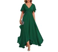 HPPEE Abito da sposa in chiffon con scollo a V e maniche svolazzanti con applique in pizzo lungo formale abito da sera per matrimoni, Verde smeraldo, 50