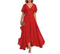 HPPEE Abito da sposa in chiffon con scollo a V e maniche svolazzanti con applique in pizzo lungo formale abito da sera per matrimoni, Rosso, 48