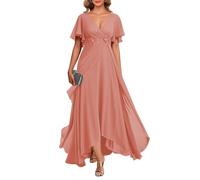 HPPEE Abito da sposa in chiffon con scollo a V e maniche svolazzanti con applique in pizzo lungo formale abito da sera per matrimoni, Corallo, 48