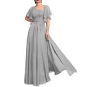 HPPEE Abito lungo da donna per la madre della sposa con applicazioni in pizzo e maniche svolazzanti, abito da sera in chiffon, Argento, 40