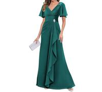 HPPEE Flutter Manica V Collo Chiffon Madre della Sposa Abiti con Maniche Pieghe Increspato Lungo Abito Formale, Foglia di t, 52 Più