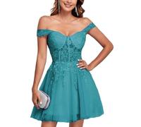 HPPEE Off spalla Tulle ritorno a casa abiti con pizzo applique una linea abito di sfera senza spalline abito da sera formale, Foglia di t, 44