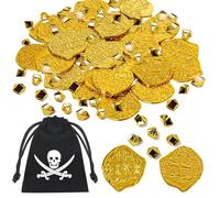 HPSOM Set del tesoro dei pirati per bambini con sacchetto da tirare, 100 monete d'oro e 100 pietre preziose, giocattolo per la caccia al tesoro per feste dei pirati, feste di compleanno dei bambini